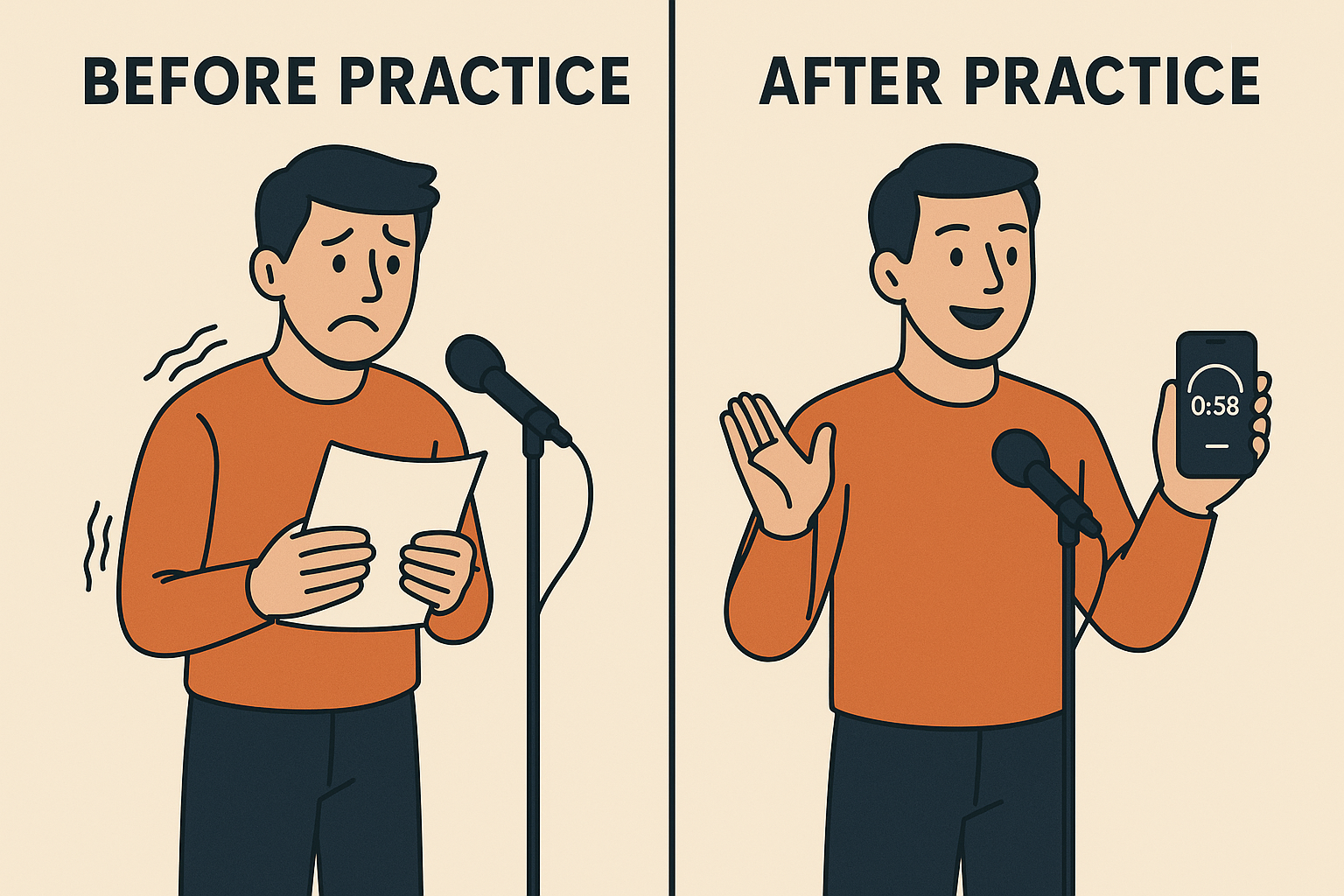 Before and after practicing with AI speech coach - transformation from nervous to confident speaker