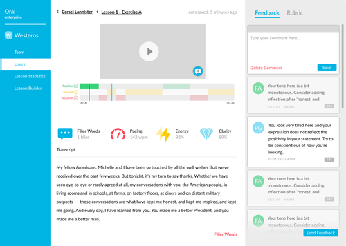Orai dashboard with coach feedback and metrics