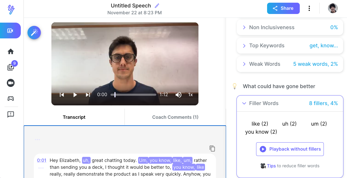 Yoodli app showing video analysis and filler word tracking
